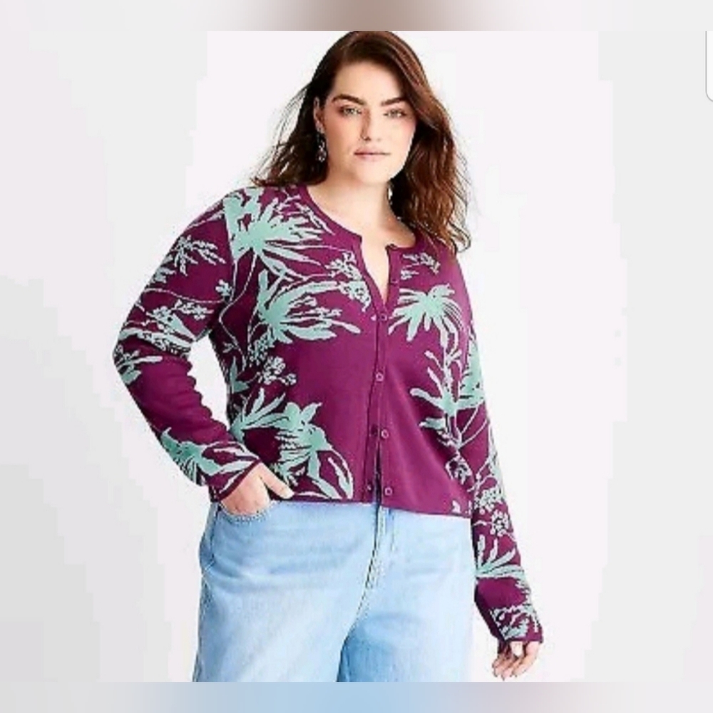 Women's Palm Print Long Sleeve Button-Front Cardigan - Future Collective XXL